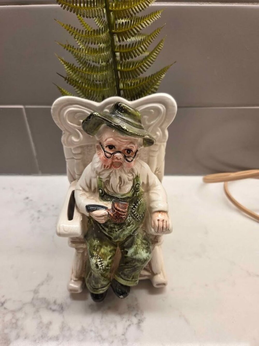 Relpo vintage old man in rocking chair planter and coin bank